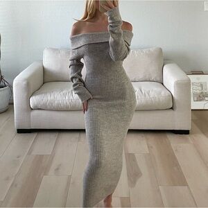 H&M Off-Shoulder Ribbed Midi Dress in Light Gray